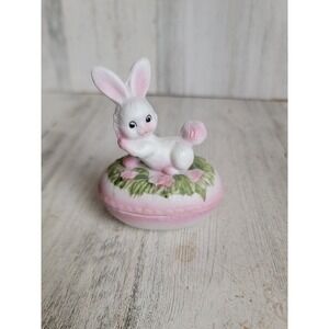 Vintage Easter rabbit egg ceramic trinket container pink home decor